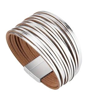 Shiny Silver Leather Magnetic Close Bracelet